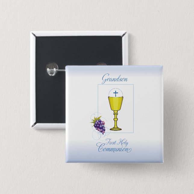 Grandson First Communion, Chalice with Host 2 Inch Square Button (Front & Back)