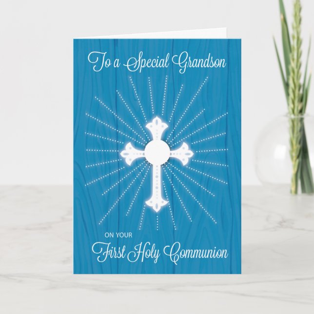 Grandson First Communion Cross and Rays on Blue Card (Front)