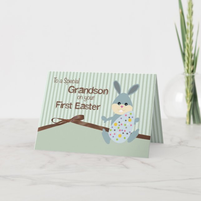Grandson First Easter, Bunny Ribbon on Stripes Holiday Card (Front)