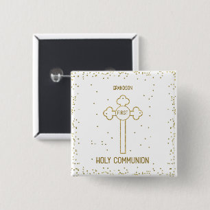 Grandson First Holy Communion Gold Look Cross 2 Inch Square Button