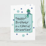 Grandson Frog in Jeans, Birthday, Polka Dots Card<br><div class="desc">Your grandson is waiting and ready for some good fun! This birthday card features a cute frog sitting on a message box waving his wishes!</div>