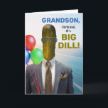 Grandson Funny Birthday Kind of a Big Dill Pickle Card<br><div class="desc">Grandson,  You're kind of a Big Dill! Funny birthday,  paper greeting card with a photo of a dill pickle wearing a suit and tie,  and sunglasses. Food themed pun greeting card. Customize the cover and interior birthday message as desired. Art,  image,  and verse copyright © Shoaff Ballanger Studios,  2025.</div>