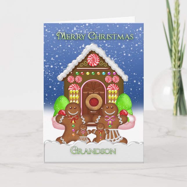 Grandson Gingerbread House and Family Christmas Gr Holiday Card (Front)