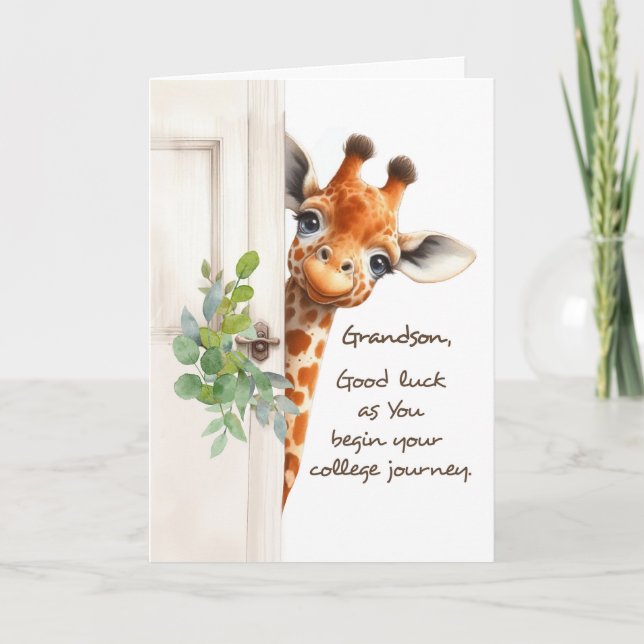 Grandson Good Luck College Journey Giraffe Peaking Card (Front)