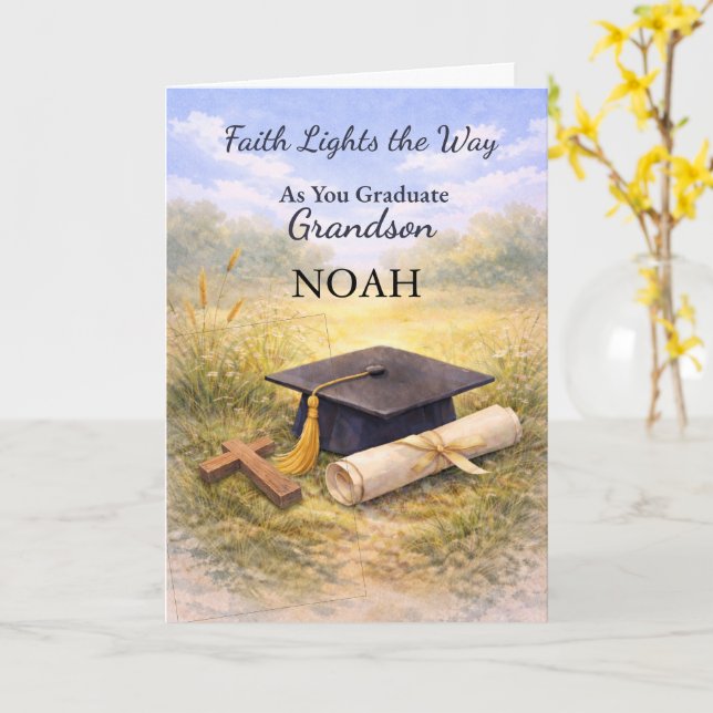 Grandson Graduation Christian Personalized Faith Card (Yellow Flower)