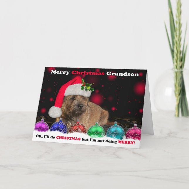 Grandson Grumpy Border Terrier Dog In Santa Hat Holiday Card (Front)