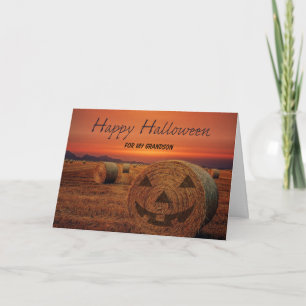 Grandson Halloween Bale of Hay Jack o Lantern Card