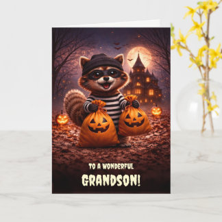Grandson Halloween Cute and Funny Raccoon Card