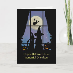 Grandson Halloween with Dog and Cat Cute Card