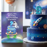 Grandson Happy 9th Birthday Astronaut with Cool  Card<br><div class="desc">Celebrate your grandson’s 9th birthday with a bold space explorer theme featuring an astronaut positioning the number nine on a galaxy-inspired cake. Planets wrap around the tiers, a rocket cuts through the scene, and the glow of Earth adds atmosphere beneath it all. The addition of subtle alien characters enhances the...</div>