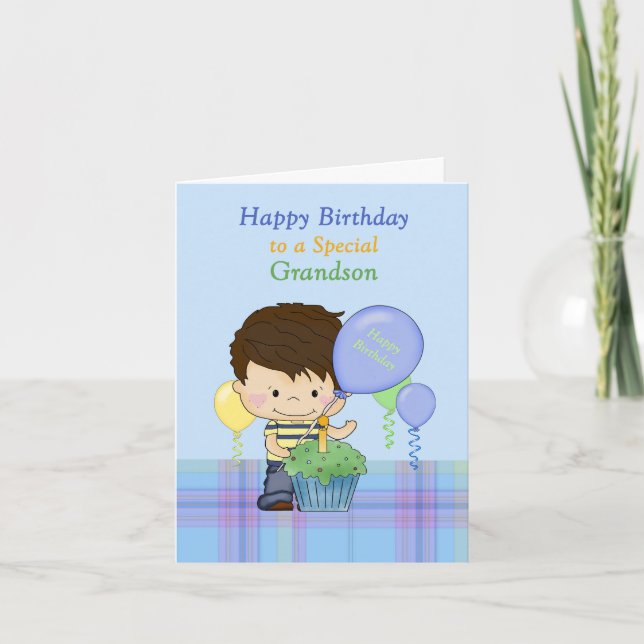 Grandson Happy Birthday Boy Blue Green Balloons Card (Front)