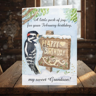 Grandson Happy February Birthday Woodpecker Card