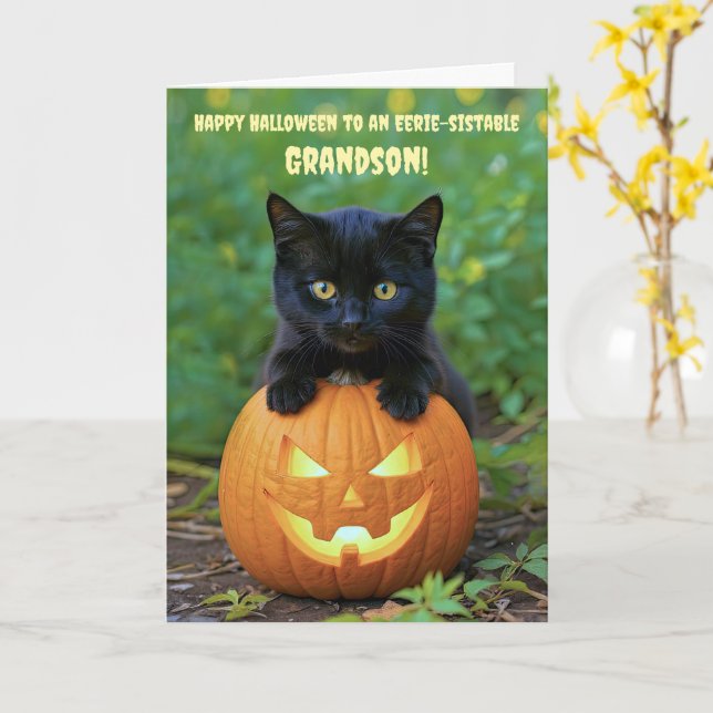 Grandson Happy Halloween Cute Black Kitten  Card (Yellow Flower)