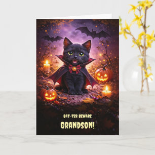 Grandson Happy Halloween Cute Vampire Cat  Card
