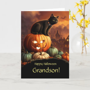 Grandson Happy Halloween with Black Cat  Card