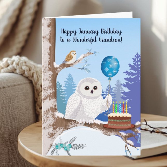 Grandson Happy January Birthday Snowy Owl Card (Creator Uploaded)