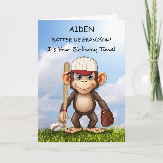 Grandson Personalize Baseball Birthday Monkey Card (Front)