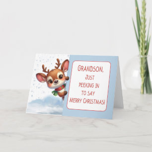 Grandson Reindeer in Snow Peeking in Christma Card