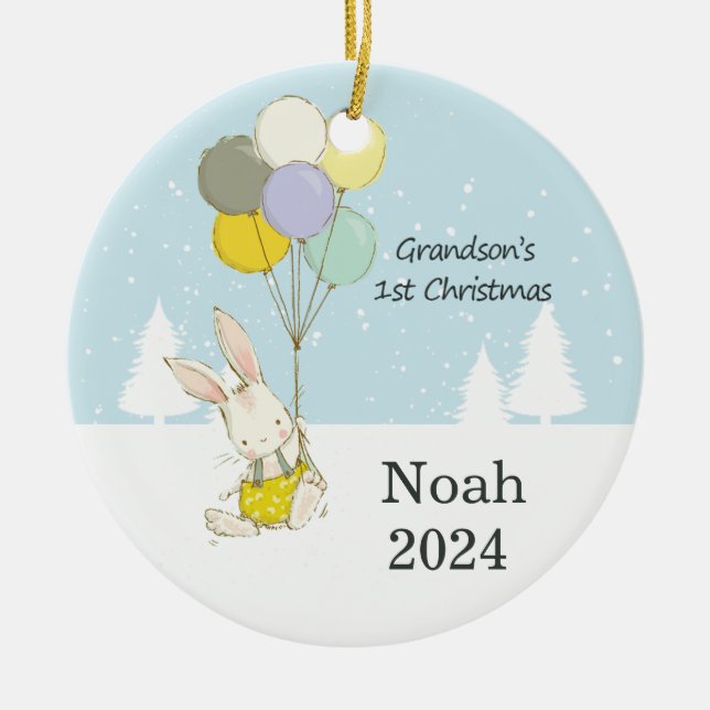 Grandson’s First Christmas Cute Bunny Rabbit Ceramic Ornament (Front)