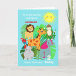 Grandson Safari Animals Cute Happy Birthday Card<br><div class="desc">Super cute cartoon wild animals including the giraffe,  hippo,  lion,  elephant,  parrot and cheeky monkey; such a fun and colourful design and easy to customize with a name,  age and message,  for that extra special touch at no extra cost.</div>