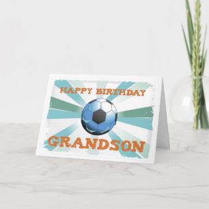 Grandson Soccer Birthday with Ball, Orange on Teal Card