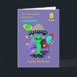 Grandson Spaceship Alien Cute Happy Birthday Card<br><div class="desc">Super cute cartoon outer space theme image with a little green man,  stars,  planets and spaceship; such a fun and colourful design and easy to customize with a name,  age and message,  for that extra special touch at no extra cost.</div>