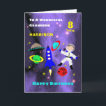 Grandson Spaceship Astronaut Cute Happy Birthday Card<br><div class="desc">Super cute cartoon outer space theme image with an astronaut in space,  rocket,  stars,  planets and spaceship; such a fun and colourful design and easy to customize with a name,  age and message,  for that extra special touch at no extra cost.</div>