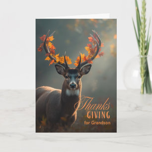 Grandson Thanksgiving Deer with Antler Leaves Holiday Card