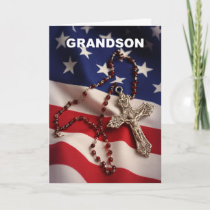 Grandson Thinking of You American Flag and Rosary Card