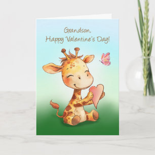 Grandson Valentine Cute Happy Giraffe with Heart Card