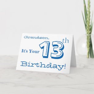 Grandson's 13th birthday greeting in blue & white. card