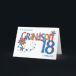 Grandson's 18th Birthday Stars and Word Art  Card<br><div class="desc">A colorful 'word art' design for your grandson's 18th birthday with pattern-filled letters and decorative stars. The front cover greeting is, 'To a very special GRANDSON 18 TODAY!' in bright red, blue and yellow. The word, 'GRANDSON' is very big and the letters are filled with stripes and polka dots and...</div>