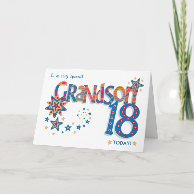 Grandson's 18th Birthday Stars and Word Art  Card (Front)