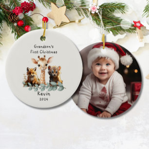 Grandson's 1st Christmas Cute Safari Animals Ceramic Ornament