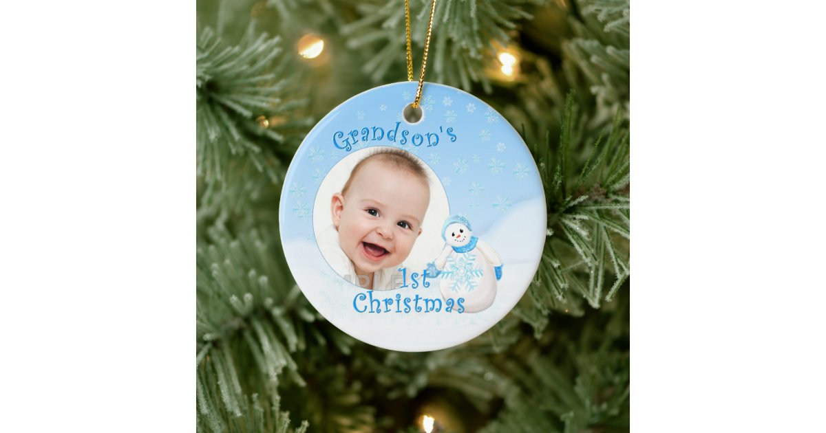 Grandson's 1st Christmas Snowman Ceramic Ornament Zazzle