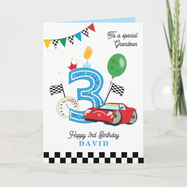 Grandson's 3rd Birthday Racing Car Greeting Card (Front)