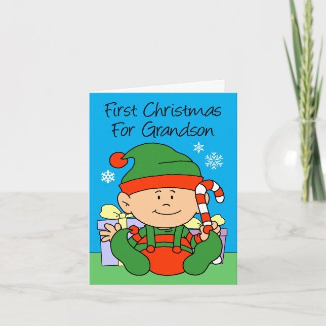 Grandson's First Christmas Elf Holiday Card (Front)