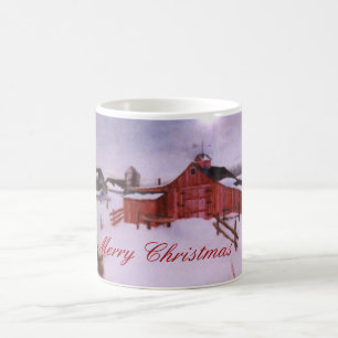 Grange rouge et ferme dans la neige épaisse tasse 