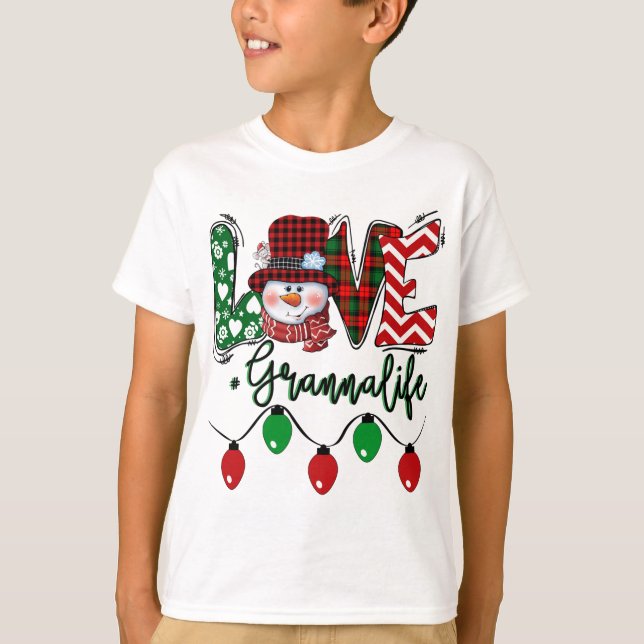 Granna Snowman Love Granna Life Christmas Red Plai T-Shirt (Front)