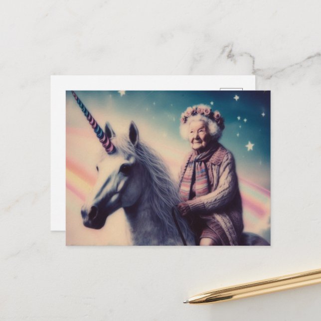 Granny and Her Unicorn Postcard (Front/Back In Situ)