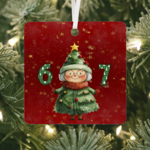 Granny Dressed As Christmas Tree Holding Six Seven Metal Ornament