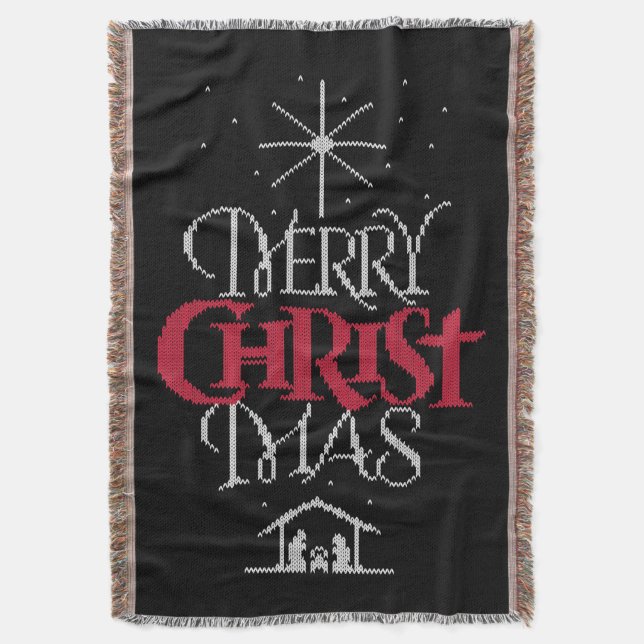 Granny Knit Christian Ugly Merry Christmas Sweater Throw Blanket (Front Vertical)