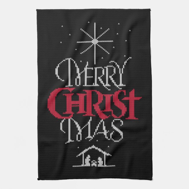 Granny Knit Religious Ugly Merry Christmas Sweater Kitchen Towel (Vertical)