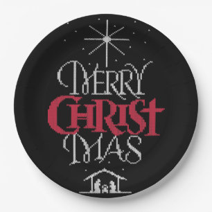 Granny Knit Religious Ugly Merry Christmas Sweater Paper Plate