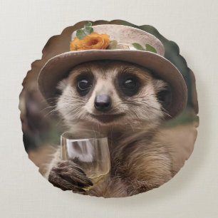 Granny Meerkat Wine Time, Round Pillow