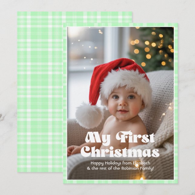 Granny Smith Apple Gingham My First Christmas Baby Holiday Card (Front/Back)