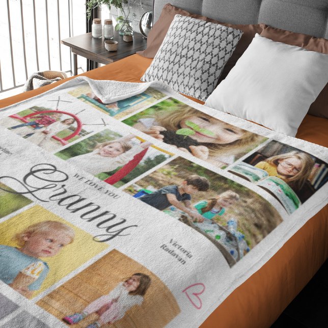 Granny We Love You Personalized Hearts Fleece Blanket (Granny large fleece blanket with personalized photos and text.)