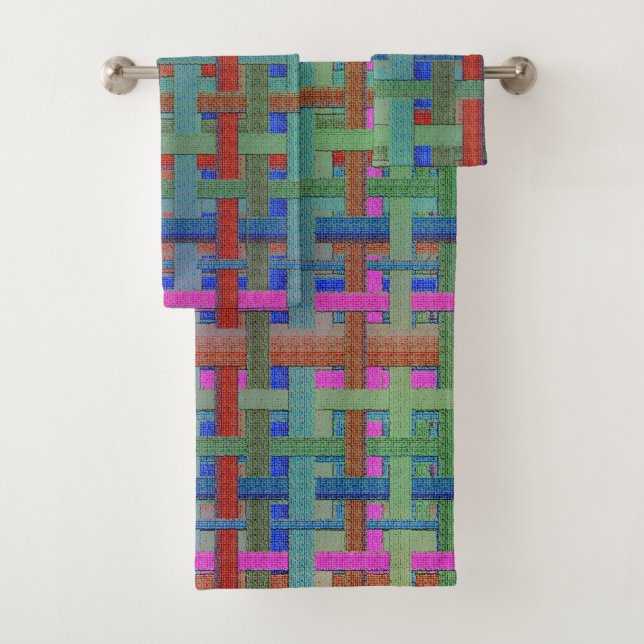Granny's colourful "plaid", with canvas aspect bat bath towel set (Insitu)