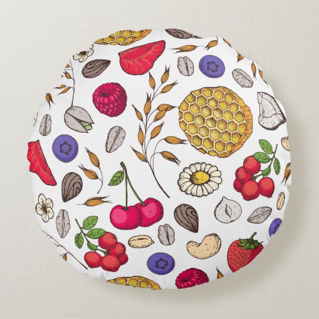 Granola,  muesli seamless pattern. Oat flakes hand Round Pillow (Front)