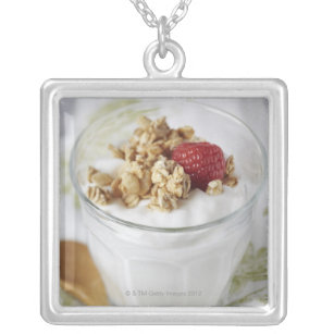 Granola, Oats, Toasted, Fruit, Berry, Raspberry, Silver Plated Necklace